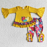 Promotional Three Pumpkins Embroidery Floral Legging Yellow Girls Long Sleeve+Trousers Sets