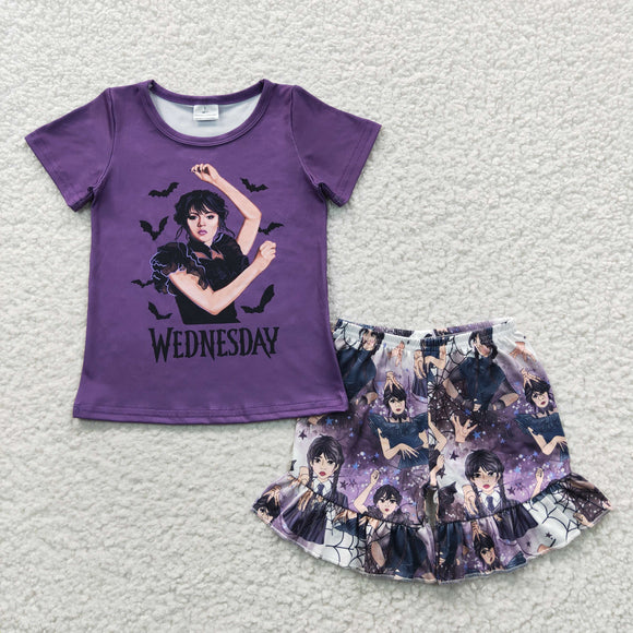 Wednesday Letter Purple Girls Shorts Sets