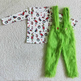 Cartoon Suspenders Green Fur Pants Boys Christmas Outfits