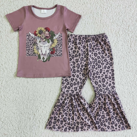 Promotional Free Spirit Highland Cow Leopard Print Pink Girls Short Sleeve+Trousers Sets