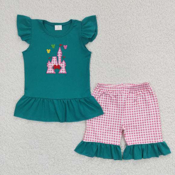 Promotional Cartoon Pink Plaid Castle Green Girls Shorts Sets