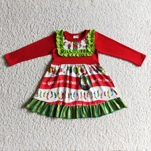 Promotional Cartoon Green Ruffles Red Girls Christmas Dress