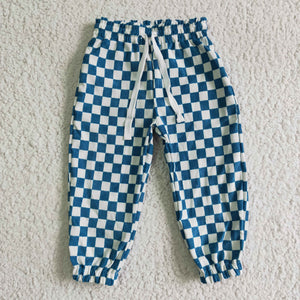 Blue Plaid White Kids Pants