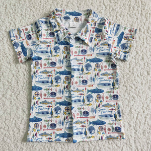 Fishing Blue White Shirts Turn Down Collar Boys Short Sleeve Top