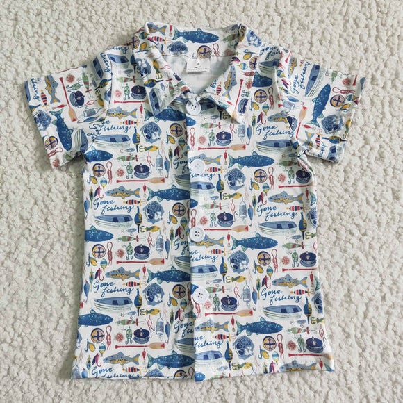 Fishing Blue White Shirts Turn Down Collar Boys Short Sleeve Top