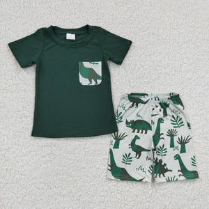 Promotional Cartoon Dinosaur Dark Green Boys Shorts Sets