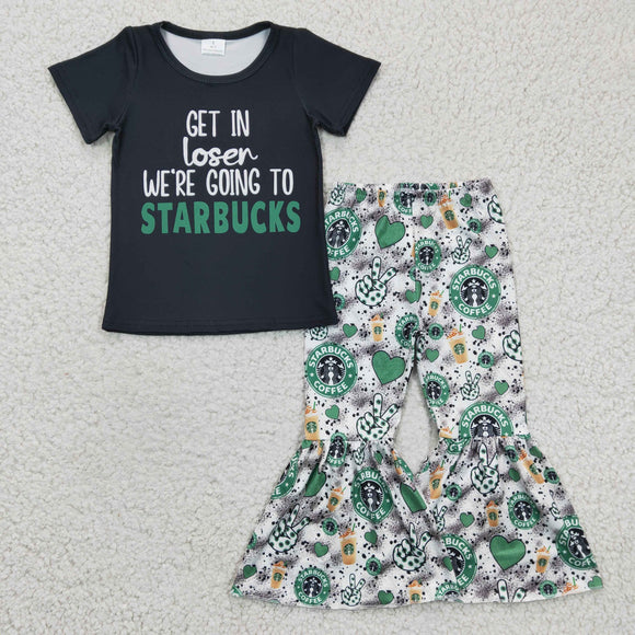 Letters Cartoon Cup Black Girls Short Sleeve+Trousers Sets