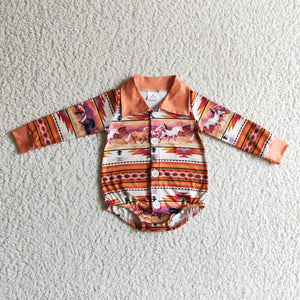 Horses Aztec Print Orange Polo Boys Fall Romper