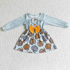 Promotional Pumpkin Bow Blue Girls Long Sleeve Dress