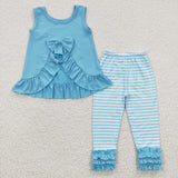 Stripe Solid Ruffles Blue Girls Short Sleeve+Trousers Sets