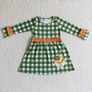 Scarecrow Embroidery Green Plaid Orange Ruffles Girls Long Sleeve Dress