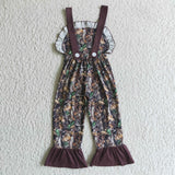 Jungle Leaves Deer Burgundy Girls Jumpsuit