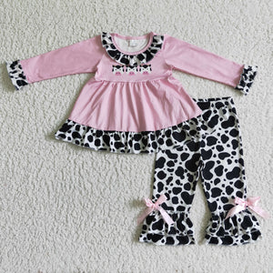 Promotional Bows Cow Print Legging Pink Girls Long Sleeve+Trousers Sets