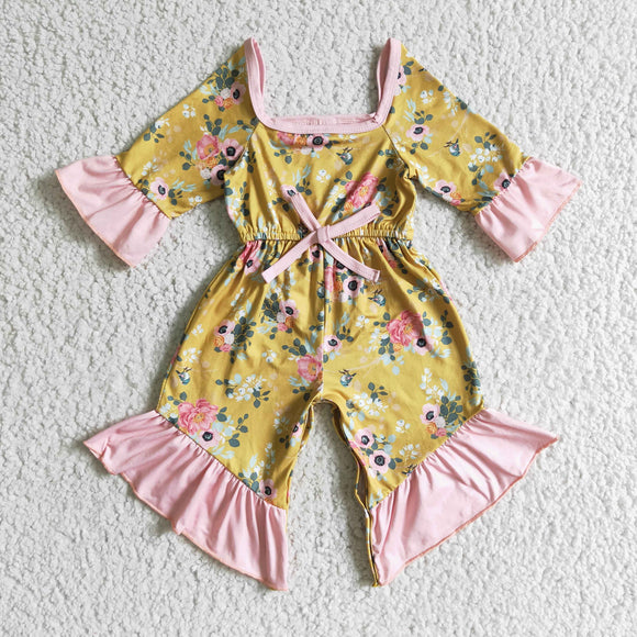 Promotional Floral Yellow Pink Ruffles Girls Jumpsuit