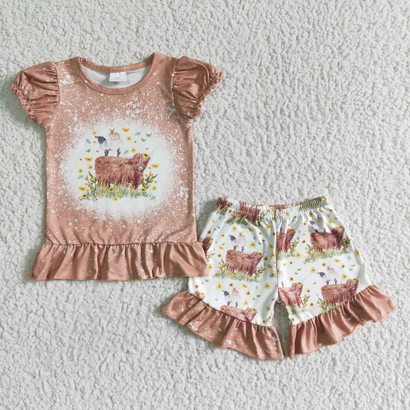 Promotional Cow Floral Brown Girls Shorts Sets