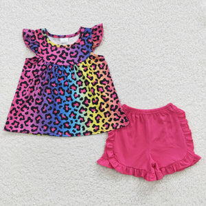 Colorful Leopard Print Hot Pink Girls Shorts Sets