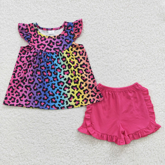 Colorful Leopard Print Hot Pink Girls Shorts Sets
