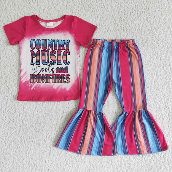 Promotional Country Music Boots Hot Pink Girls Short Sleeve+Trousers Sets