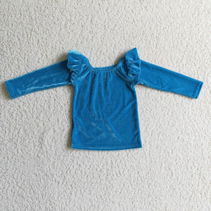 Solid Blue Velvet Girls Long Sleeve Top