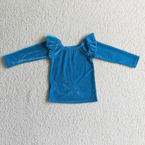 Solid Blue Velvet Girls Long Sleeve Top