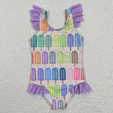 Colorful Popsicle Purple Ruffles Girls Swimsuits