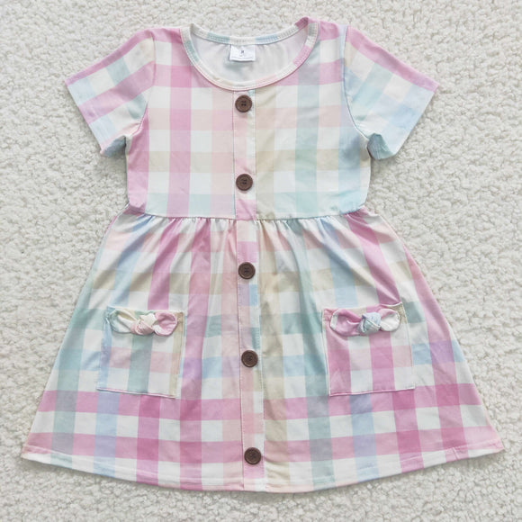 Promotional Colorful Plaid Pockets White Girls Short Sleeve Dress