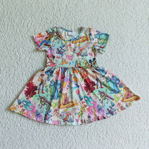 Promotional Cartoon Tie Dye Girls Short Sleeve Dress