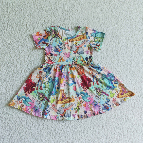 Promotional Cartoon Tie Dye Girls Short Sleeve Dress