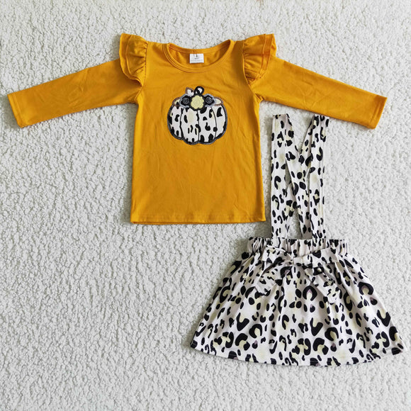 Pumpkin Orange Top Leopad Print Suspenders Skirts Girls Overalls Sets