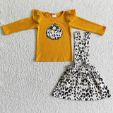 Pumpkin Orange Top Leopad Print Suspenders Skirts Girls Overalls Sets