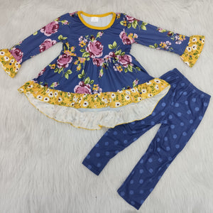 Promotional Floral Yellow Ruffles Navy Legging Girls Long Sleeve+Trousers Sets