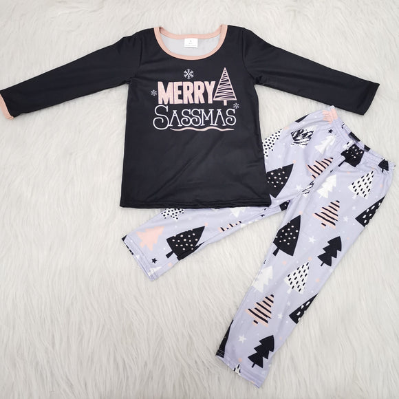 Promotional Tree Black Gray Merry Girls Christmas Outfits