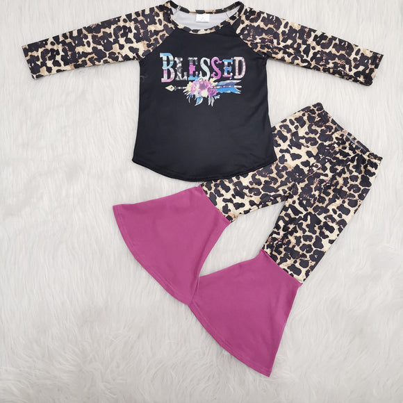 Promotional Blessed Leopard Print Girls Long Sleeve+Trousers Sets