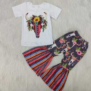 Cow Floral Aztec Girls Short Sleeve+Trousers Sets