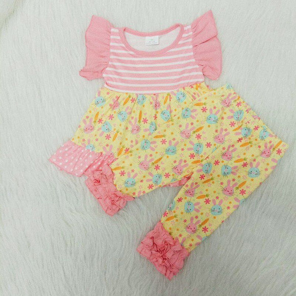 Bunny Yellow Pink Stripe Girls Easter Outfits