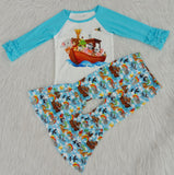 Promotional Cartoon Animals Blue Girls Long Sleeve+Trousers Sets