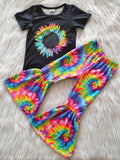 Promotional Sunflower Tie Dye Girls Short Sleeve+Trousers Sets