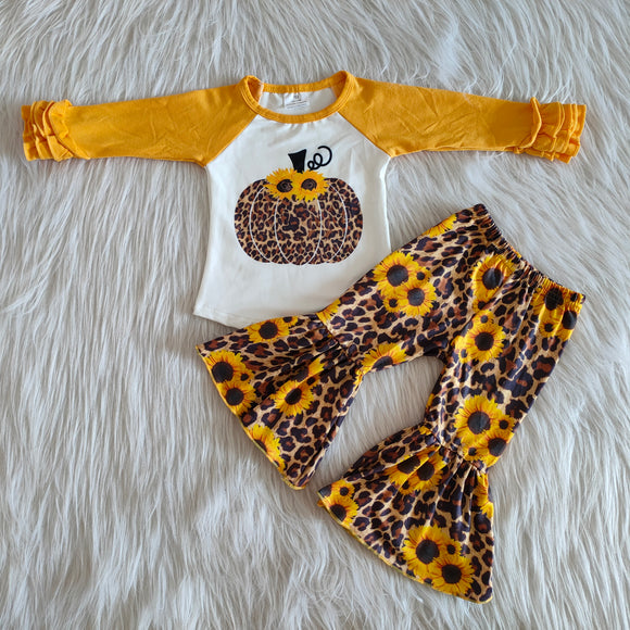 Promotional Leopard Print Sunflower Pumpkin Yellow Girls Long Sleeve+Trousers Sets