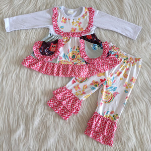 Promotional Floral Pockets Girls Long Sleeve+Trousers Sets