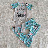 Promotional Farm Gray Blue Girls Short Sleeve+Trousers Sets