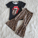 Promotional Black Leopard Print Girls Short Sleeve+Trousers Sets