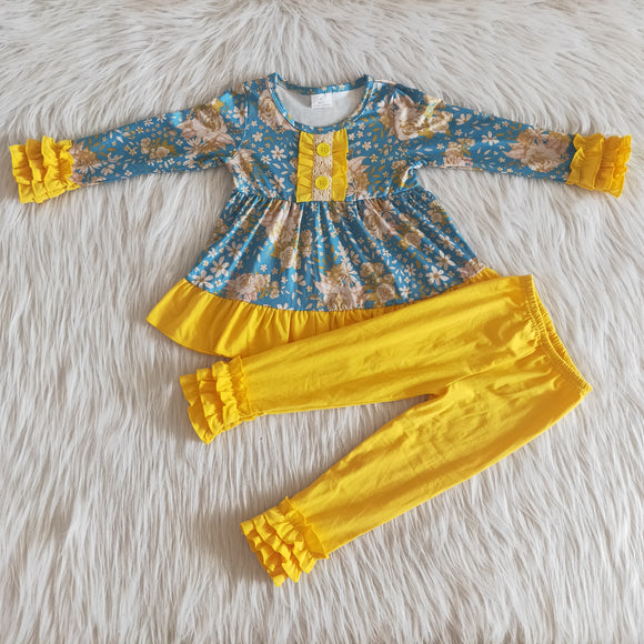 Promotional Floral Yellow Legging Girls Long Sleeve+Trousers Sets