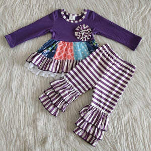 Promotional Floral Purple Stripes Girls Long Sleeve+Trousers Sets