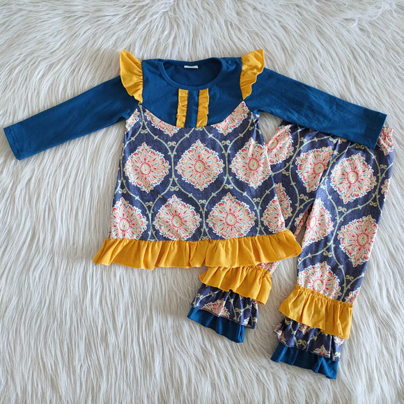 Promotional Floral Blue Yellow Girls Long Sleeve+Trousers Sets