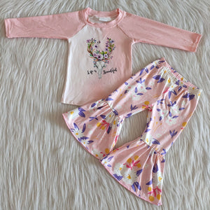 Promotional Beautiful Life Floral Pink Girls Long Sleeve+Trousers Sets