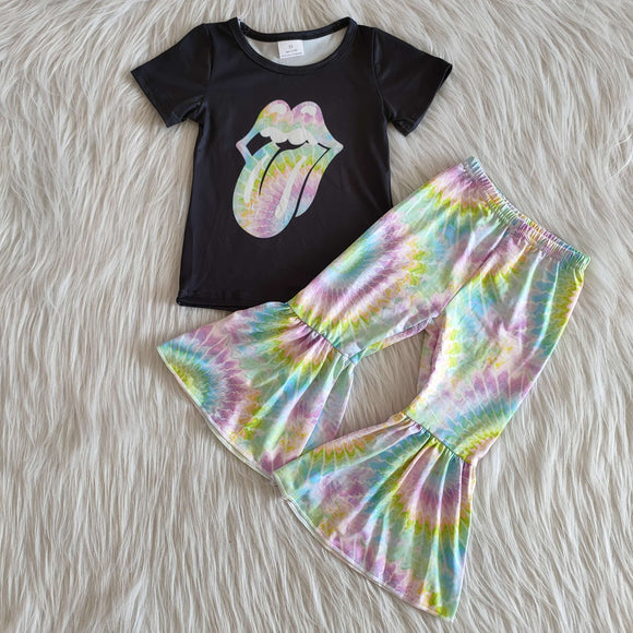 Promotional Tie Dye Black Girls Short Sleeve+Trousers Sets