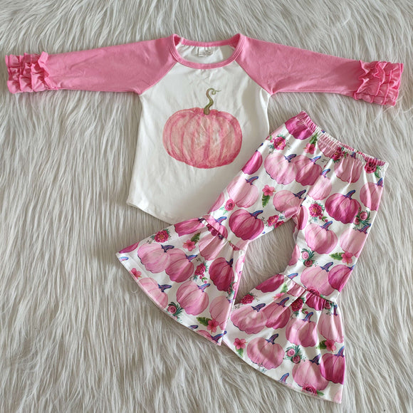 Promotional Pumpkin Pink White Girls Long Sleeve+Trousers Sets