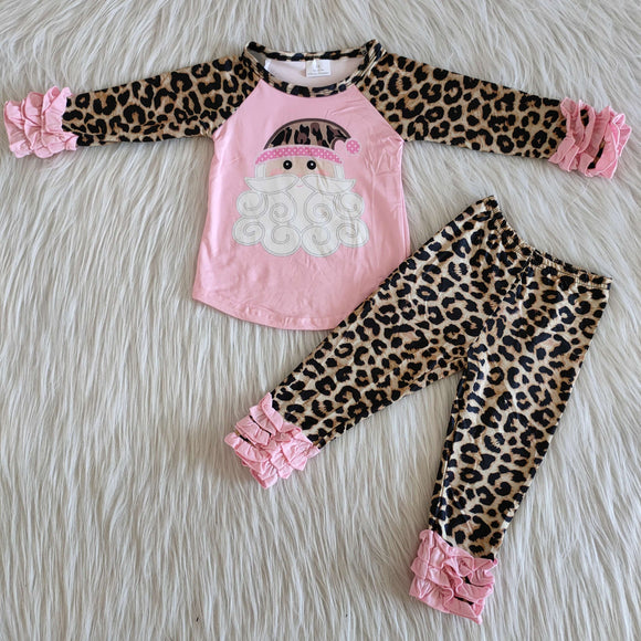 Promotional Pink Santa Leopard Print Girls Christmas Outfits