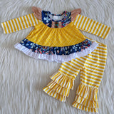 Promotional Floral Yellow Stripes Girls Long Sleeve+Trousers Sets