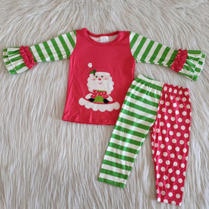 Green Stripes Red Polka Dots Santa Girls Christmas Outfits